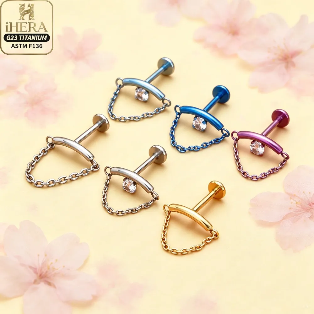 Arch Shape ASTM F136 Titanium Bling Zircon Dangle Chain Labret Stud Lip Monroe Medusa Piercing Jewelry Lot Internal Threaded Bar