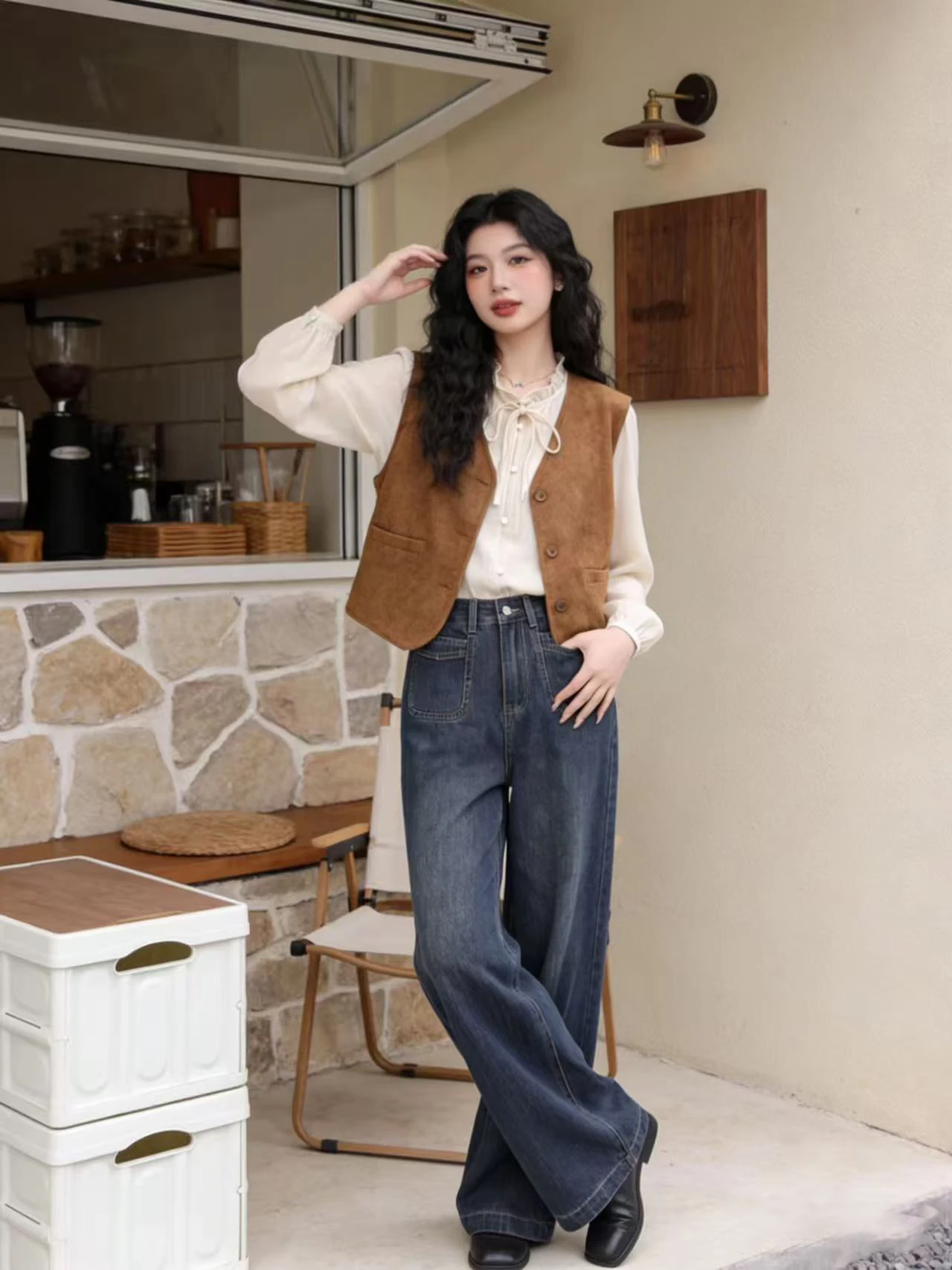 

Elegant Ruffle Collar Shirt Women's Summer Vest Layering Vintage Commute Denim Three-Piece Set High Waist Long Pants