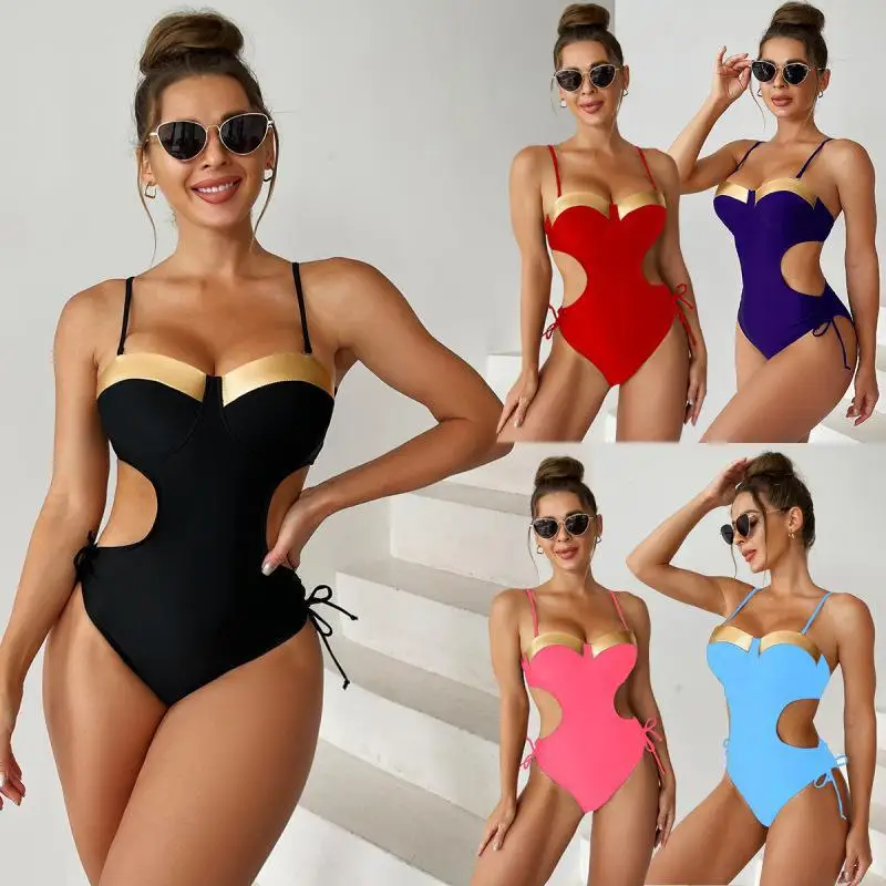 

Bathing Suit Women Hot Triangular One-piece Swimsuit European And American Style Sexy Backless Bronzing Splicing Solid Color Spo