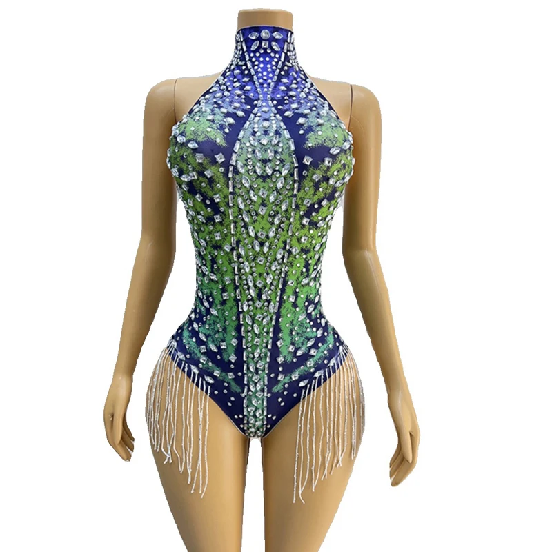 Seksowne body z frędzlami i dżetami, kostiumy dla tancerki jazzowej, strój do baru, klubu nocnego, na imprezę DS DJ, rave, festiwal, XS8125