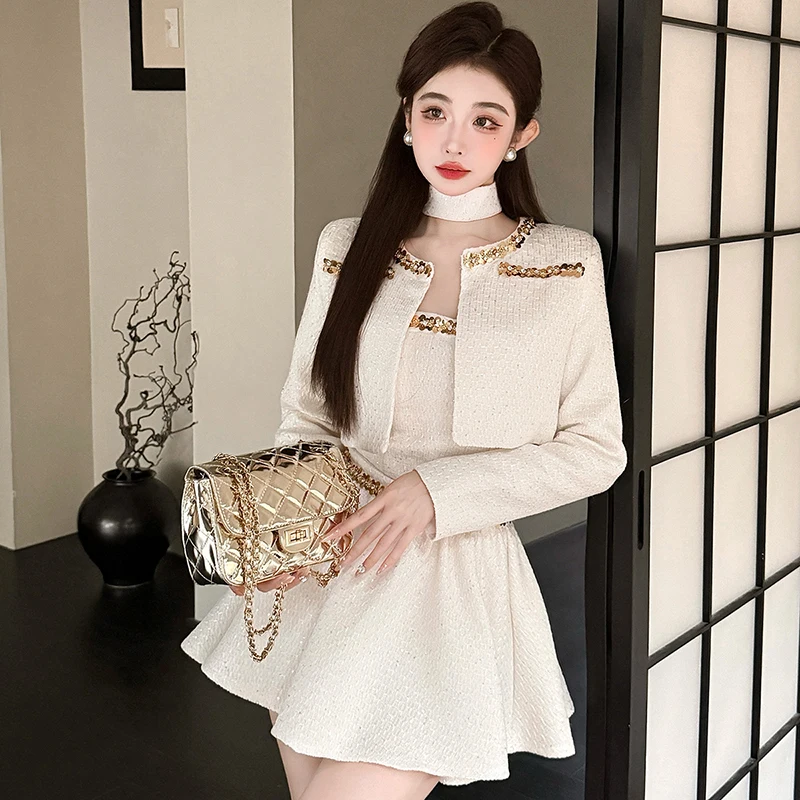 Abito gonna abito donna autunno giacca a maniche lunghe cappotto + canotta + minigonne set di vestiti eleganti da donna da ufficio in tre pezzi