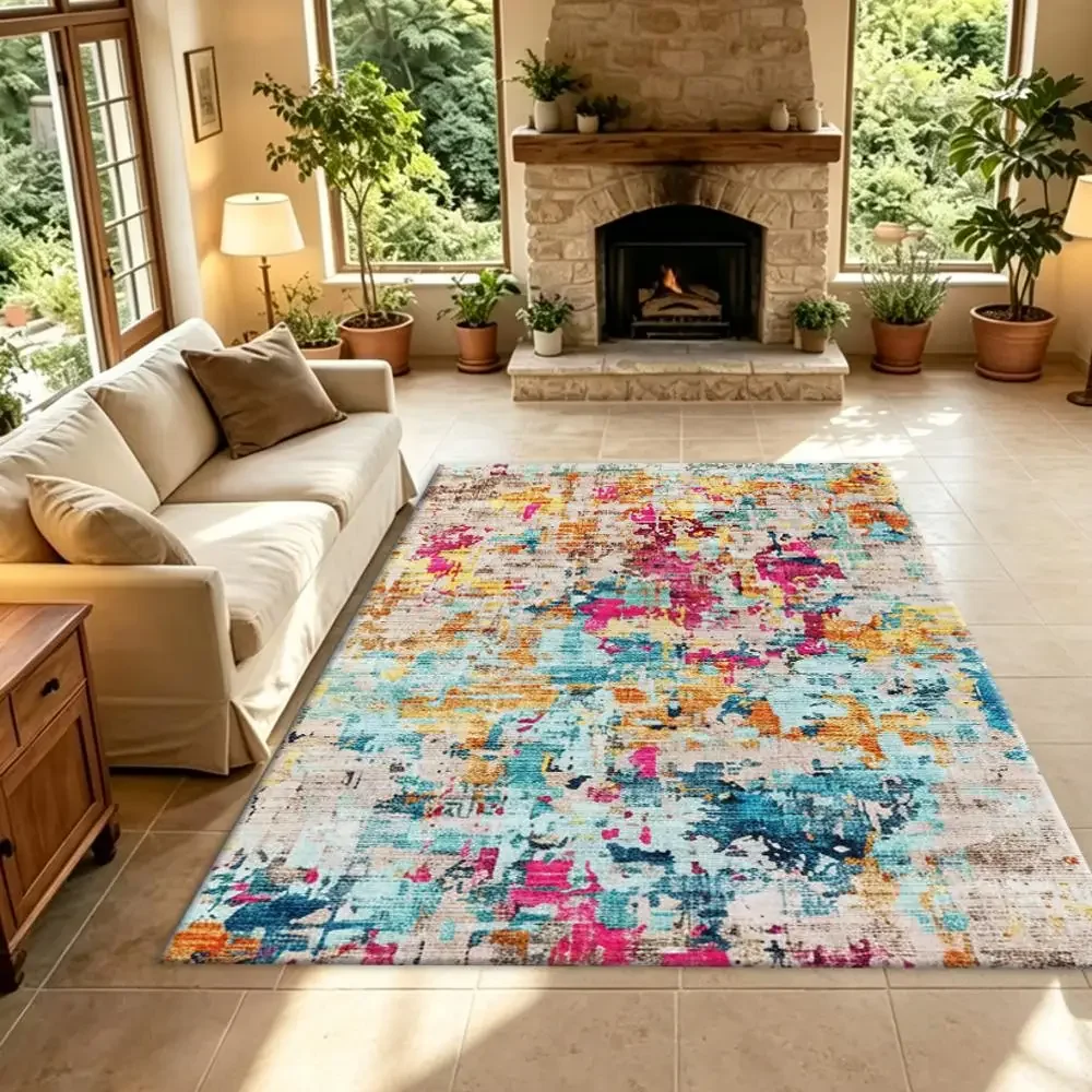 Bright Abstract Brushstroke Carpet Flooring, Bohemian Distressed Art Print Square Floor Rug