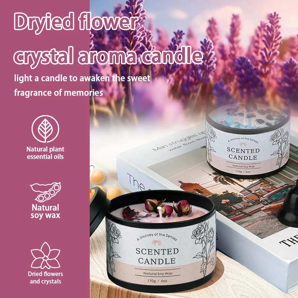 Świeca aromaterapeutyczna z kryształkami, świeca zapachowa z suszonymi kwiatami - wosk sojowy z olejkami eterycznymi, redukcja stresu i pomysł na prezent