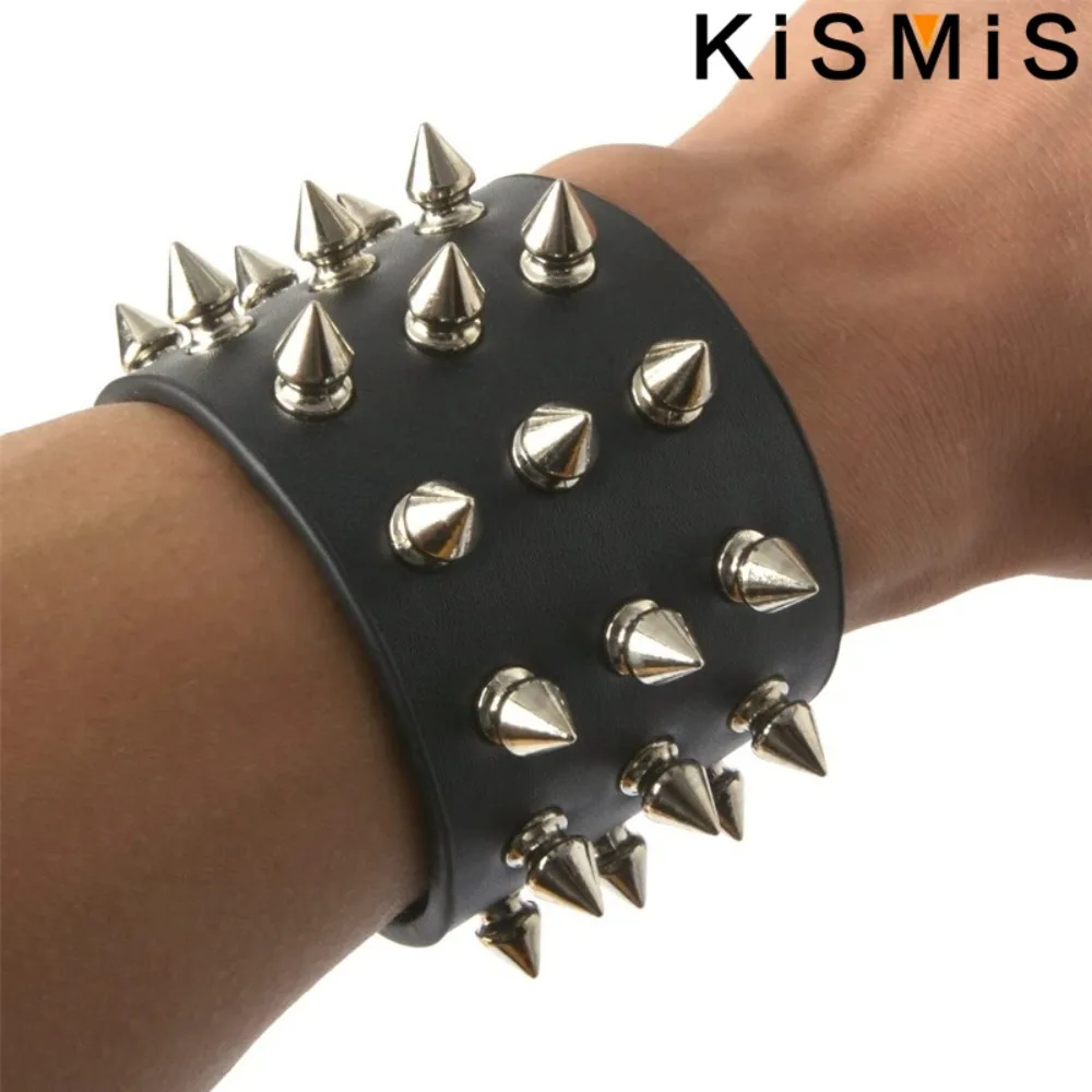 KISMIS 1pcs Punk Gothic Rock Three Row Metal Cone Rivet Leather Wristband Bracelet Wide Cuff Bracelet Mens Gothic