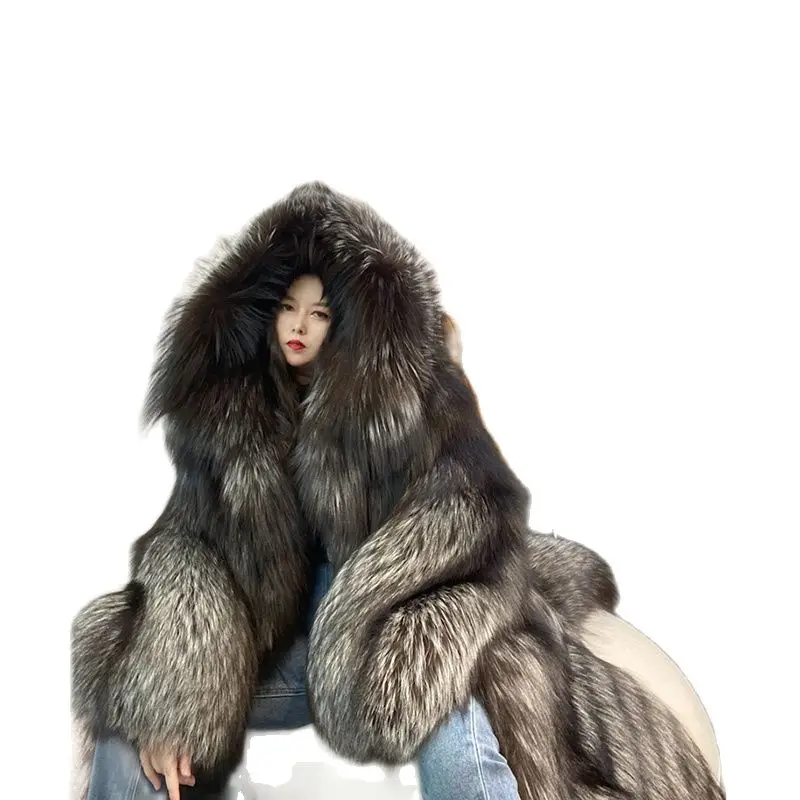 2024 Winter New Finland Imported Crown Silver Fox Hair Full Hooded Long Fur Coat Women\'s Fashion Sexy Warm Package fur coat wome