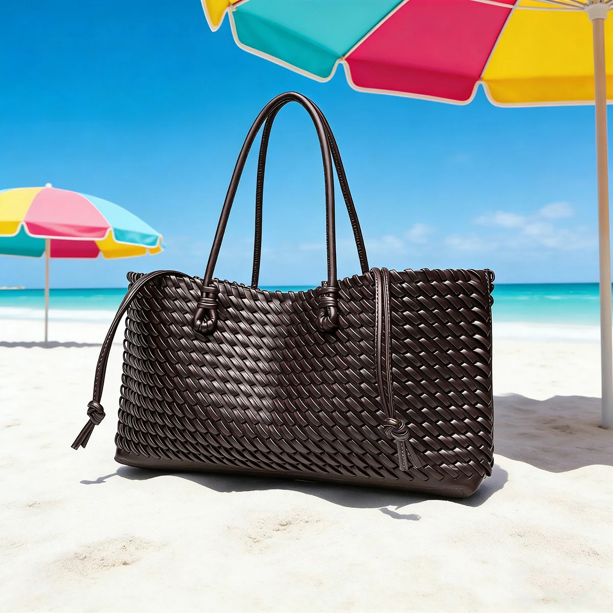 

ELONGATED WOVEN SHOPPER BAG Fashionable Top Handle Tote Bag, Women's Shoulder Handbags Luxury Designer for Everyday Style