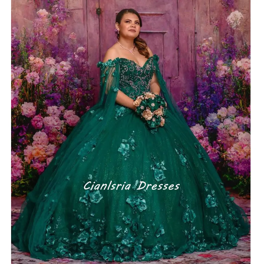 

Emerald Green Diamonds Beading Corset Mexican Quinceanera Dress Ball Gown Off The Shoulder 3D Flowers Lace Vestidos De XV Anos