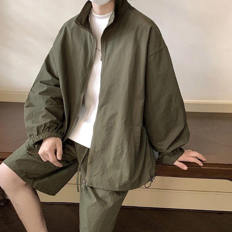 Men's Outdoor Summer Hiphop Sports Suit Casual Loose Sun Protection Thin Zipper Jacket with High Street Shorts Two-Piece Set view 2