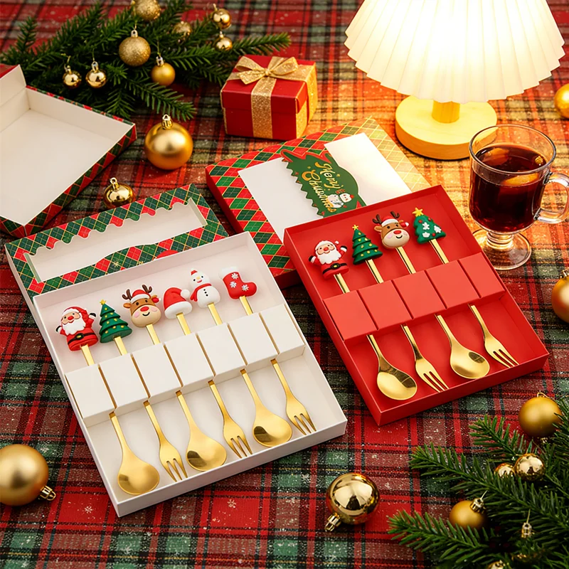 2026 1/2/4/6PCS Stainless Steel Spoon Christmas Dessert Spoon Cake Fork Cartoon Christmas Tree Elk Spoon Fork Christmas Gift Box