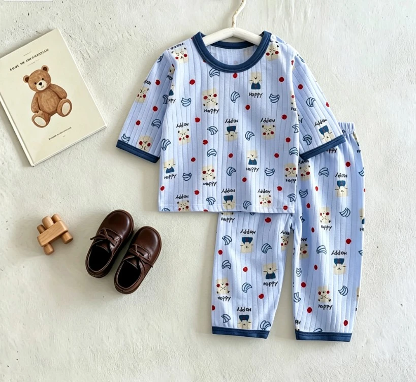 Kid Full Sleeve Pajama 2Piece Set Vertical Knit Top And Elastic Waist Long Pants Full Print Cute Print Outfits Baby Infant Sets