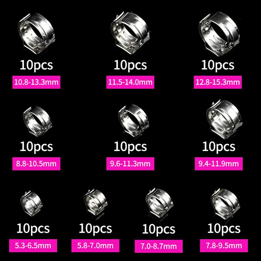 100 Pieces Single Ear Hose Clamps 304 SS 5.3mm 6.5mm 7.0mm 7.8mm 8.8mm 9.6mm 9.4mm 10.8mm 11.5mm 12.8mm 15.3mm and Pliers