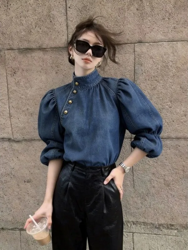 

plus Size 300 Pounds Women's Casual Bubble Sleeve Denim Shirt Stand Collar mid Sleeve Vintage Comfortable Breathable Top