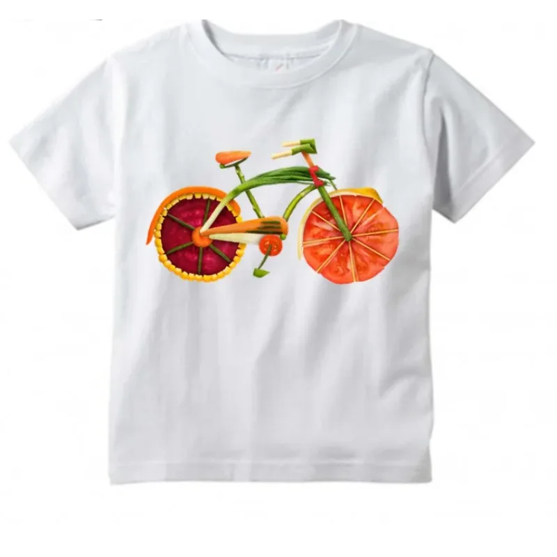 Cute Kids Summer Fruit Vegetable Bicycle Design T Shirt Boys Girls Short Sleeve Tops Children's  T-Shirt, Clothes