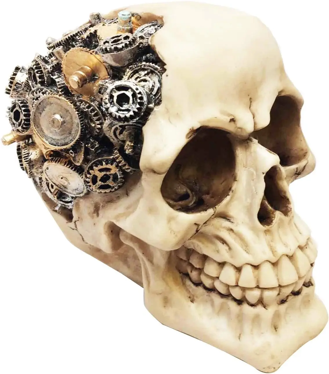 Steampunk Cyborg Protruding Gearwork Human Skull Statue Sci Fi Clockwork Gear Design Skeleton Cranium Figurine