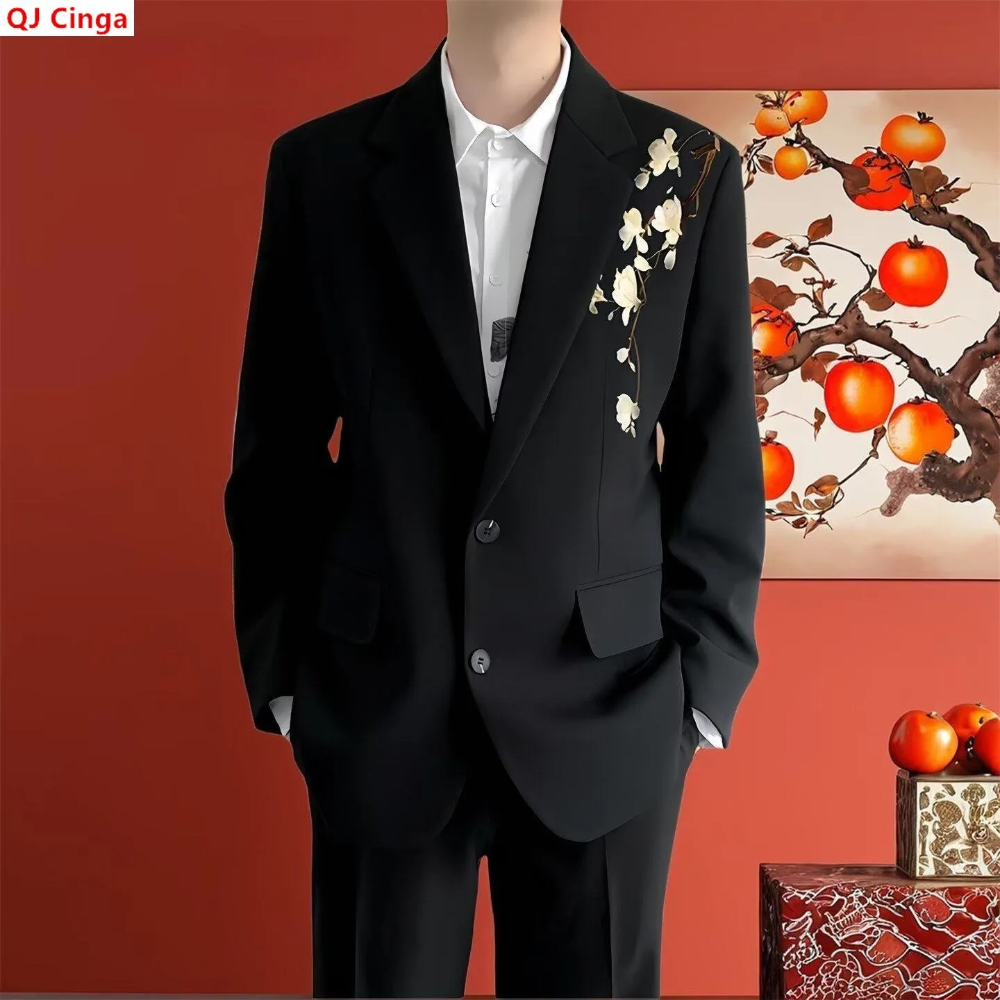

Men's Long-sleeve Suit Jacket for Fall, Black Single-breasted Embroidered Blazers, and Stylish Casual Tops Coat for Spring.