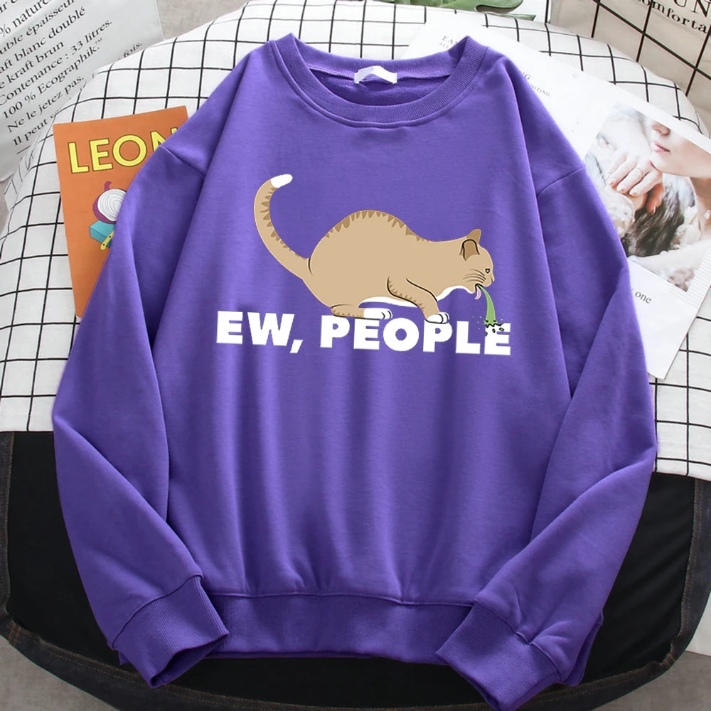 Casual Autumn Pullover For Women Ew People Funny Vomiting Cat Printing Hoodies Crewneck Loose Sweatshirt Warm Fleece Clothes