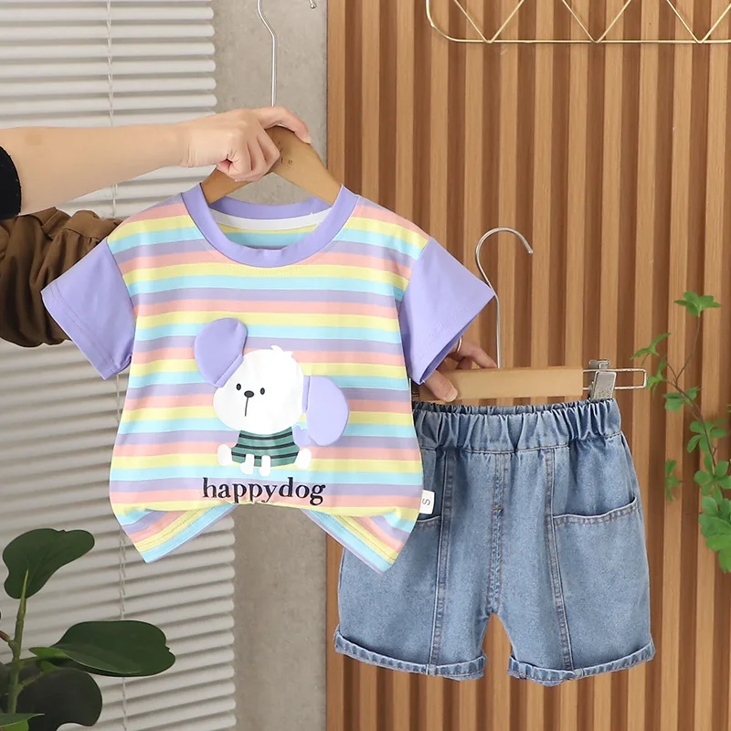 Childrens Summer Suits 2025 Korean Baby Boy Clothes 18 To 24 Months Striped Dog Short Sleeve T-shirts and Shorts Boys Outfit Set