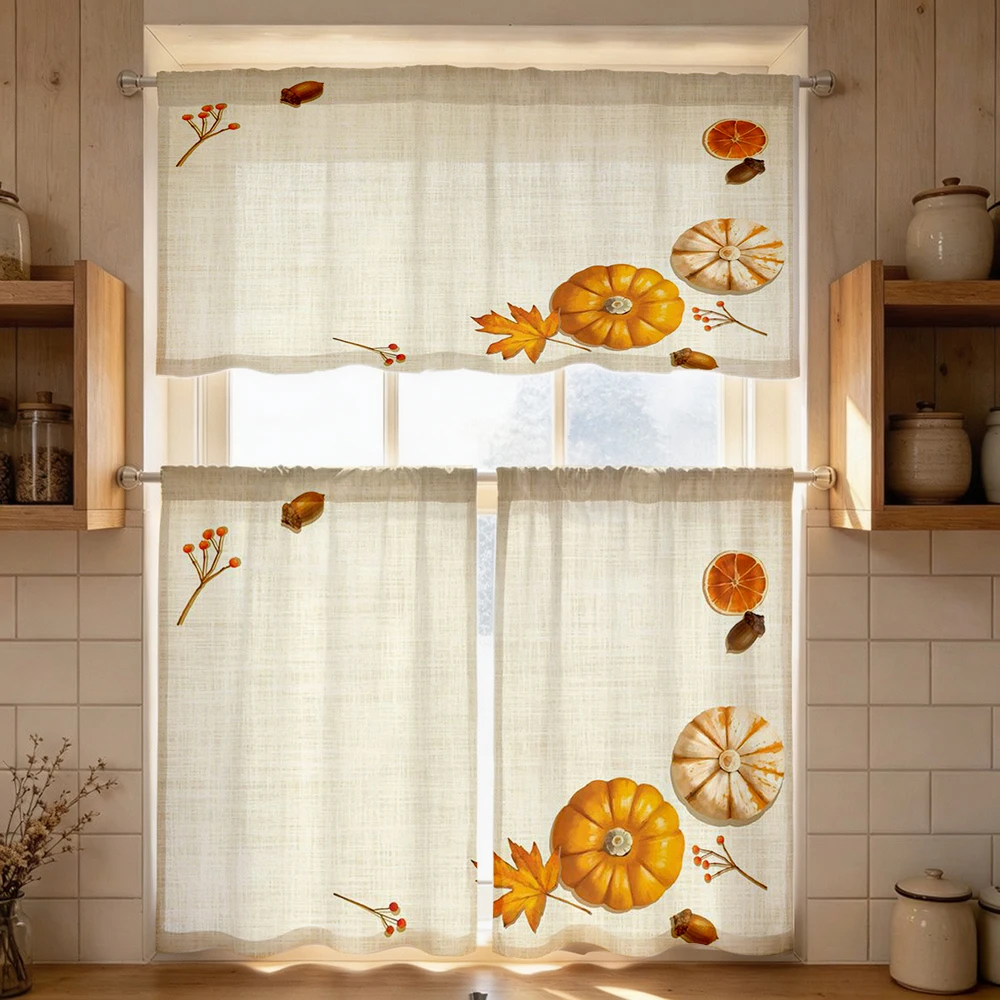 Thanksgiving Fall Kitchen Curtains, Pumpkin Orange, Digital Print, Kitchen Dining Room, Rod Pocket Polyester, Home Decor