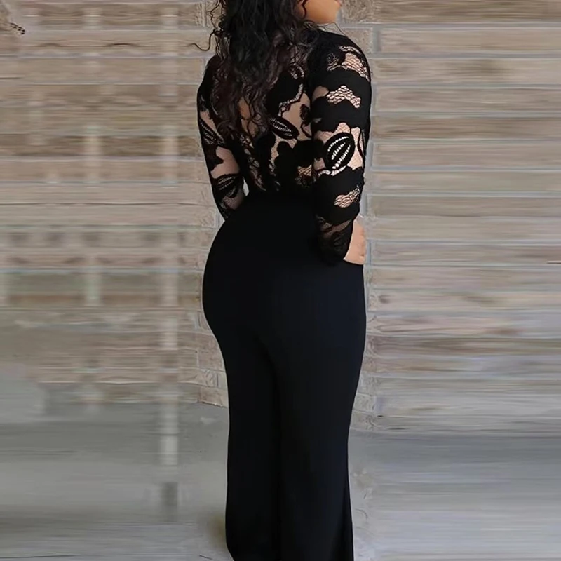 وزرة الدانتيل غير رسمية خياطة بلون حللا طويلة موضة هايت الخصر سليم السروال القصير أنيقة الخامس الرقبة طويلة الأكمام بلايسوت