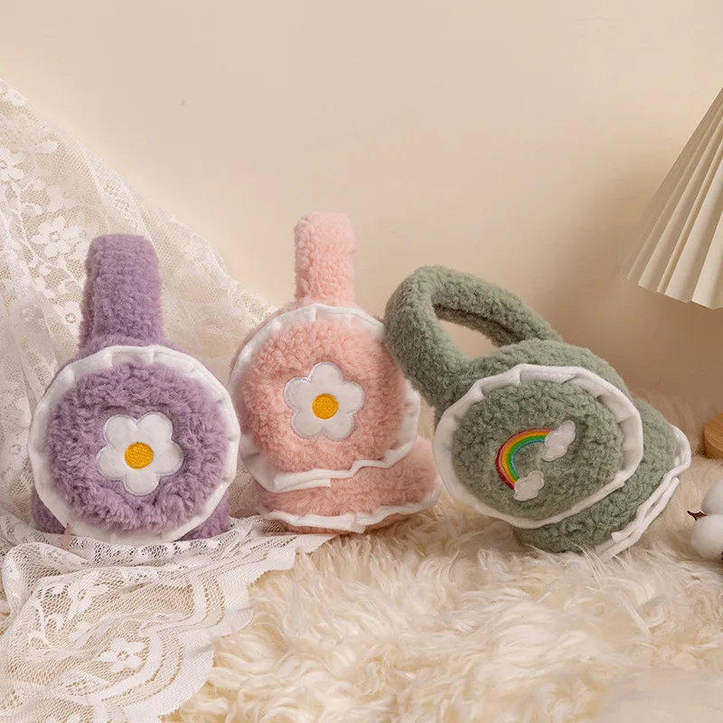 Winter New Women's Outdoor Cycling Plush Warm Eartips Cute Lace Rainbow Folding Thickened Eartips Ear Pack