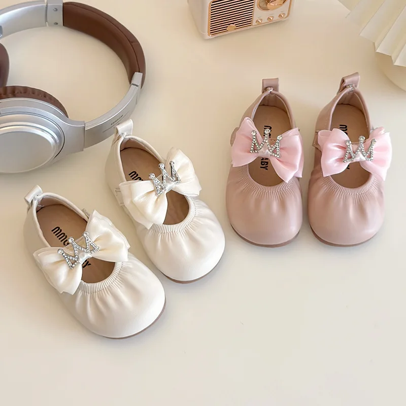 

new Children Small Leather Shoes Spring Autumn New Fashion Princess Shoes kids Girls' Versatile Rhinestone Crown Bow Flats shoes