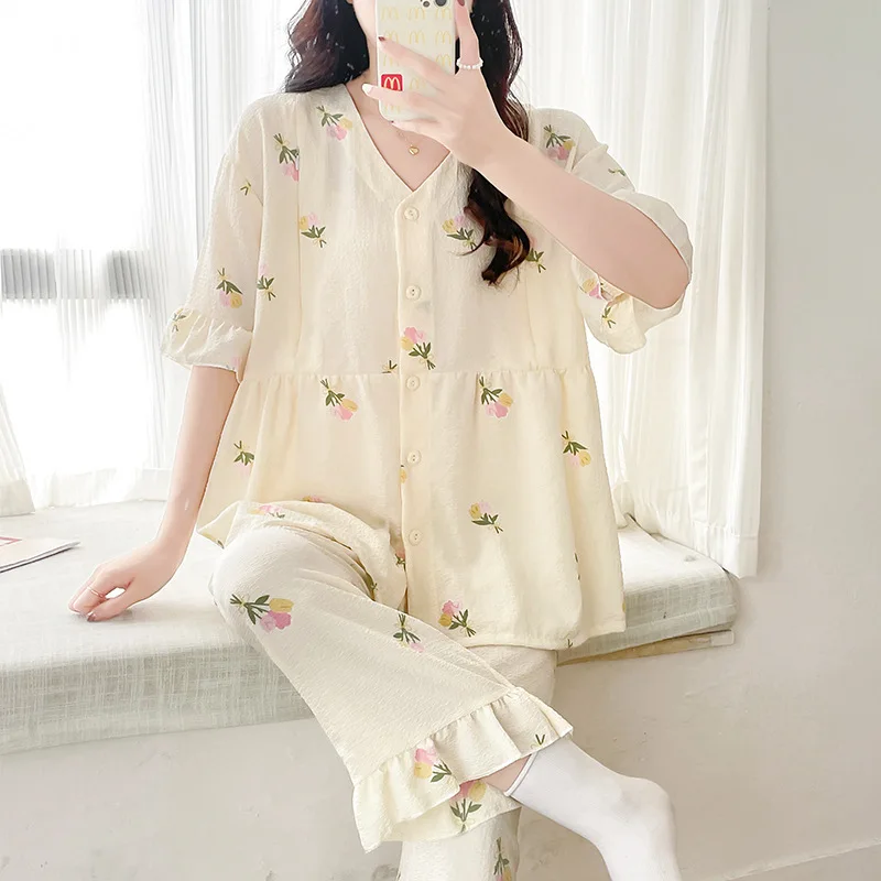 Summer Thin Cotton Maternity Nursing Sleepwear Short Sleeve Loose Breastfeeding Pajamas Suits Pregnancy Lounge