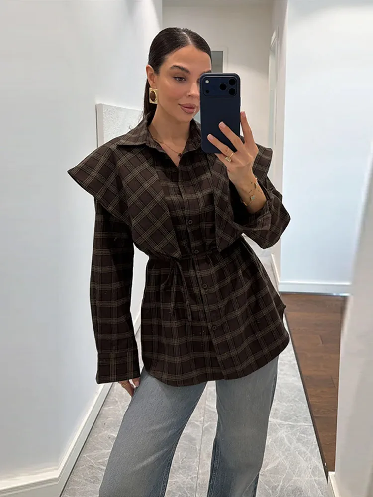 Chemise à carreaux à manches longues pour femmes, haut de rue élégant à revers, simple boutonnage, nouvelle collection printemps-automne 2026