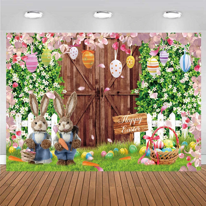 Happy Easter Door Decoration 2024 Backdrop Photography Rabbits House Wood Board Spring Bnuuy Eggs Party Background Photo Banner