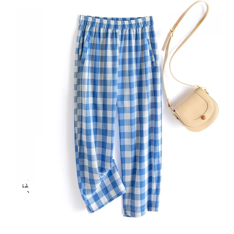 Damskie letnie cienkie spodnie z szerokimi nogawkami, jednolite, w kratę, zwiewne, codzienne spodnie z mieszanki bawełny i lnu, z wysokim stanem, długie.