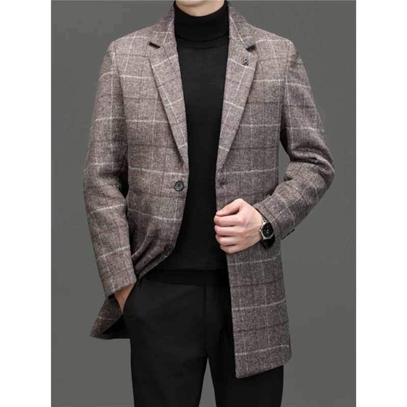 Men\'s Tweed Coat Spring Autumn Plaid Woolen Windbreaker Youth Mid-Length Casual Handsome High-End Jacket Male Model