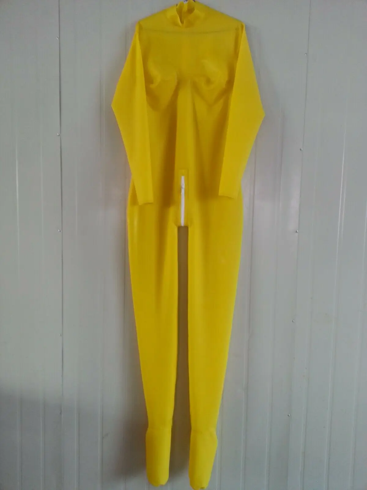 

100% Latex Rubber Gummi Sling einteiliger Yellow and White Catsuit 0.4mm S-XXL