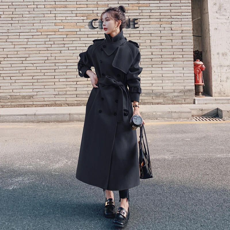 Women Long Wool Blends Overcoat Autumn Winter Nice Fashion Elegant Thicken Woolen Tops Coat Waist Belt  Loose Outerwear Female