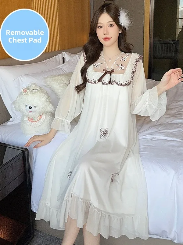 

Princ Sle Long Sve Spwear with Chest Pad Women's Home Clothes Sweet Fairy Me Nightgown V-Ne Mid-Length Dr