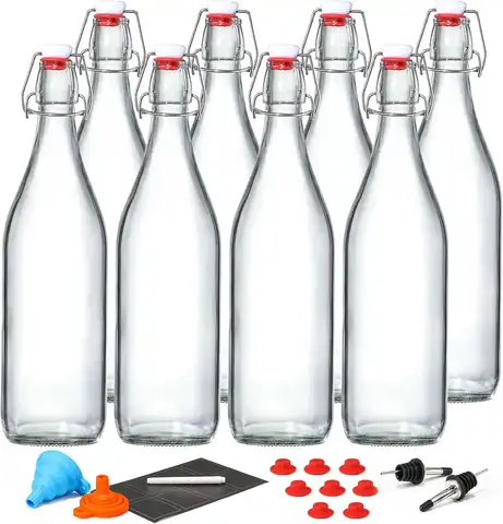8-Pack 1L Swing Top Glass Bottles with Airtight Lids for Fermentation, Kombucha, Beer, Wine - Includes Extra Seals & Pourer