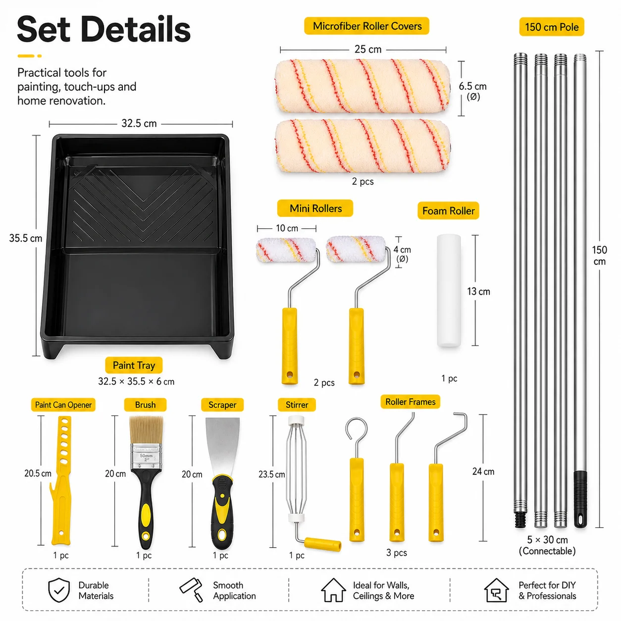 GOOGO 13-Piece Paint Roller Set with 150cm Stainless Steel Pole Microfiber Rollers Tray Brush for Wall Painting Kit Yellow view 5