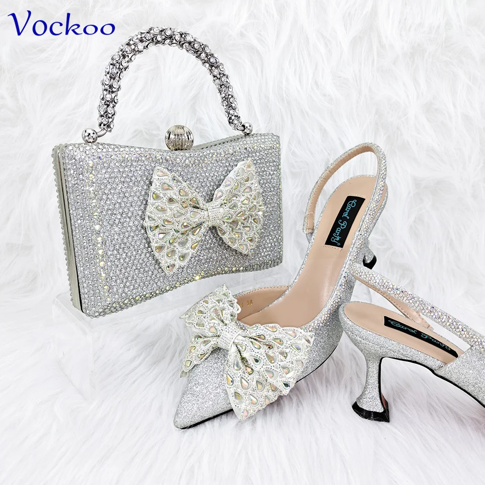 

Novelty Style Special Italian Design Women Shoes Matching Bag Set in Silver Color with Shinning Crystal for Garden Party