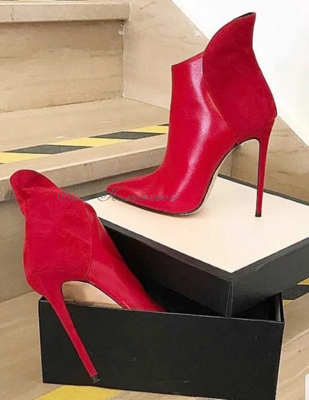 

Women Sexy Red Matte Leather Ankle Boots Thin High Heel Patchwork High Cut Short Booties Slipon Elegant Wedding Shoes Size46