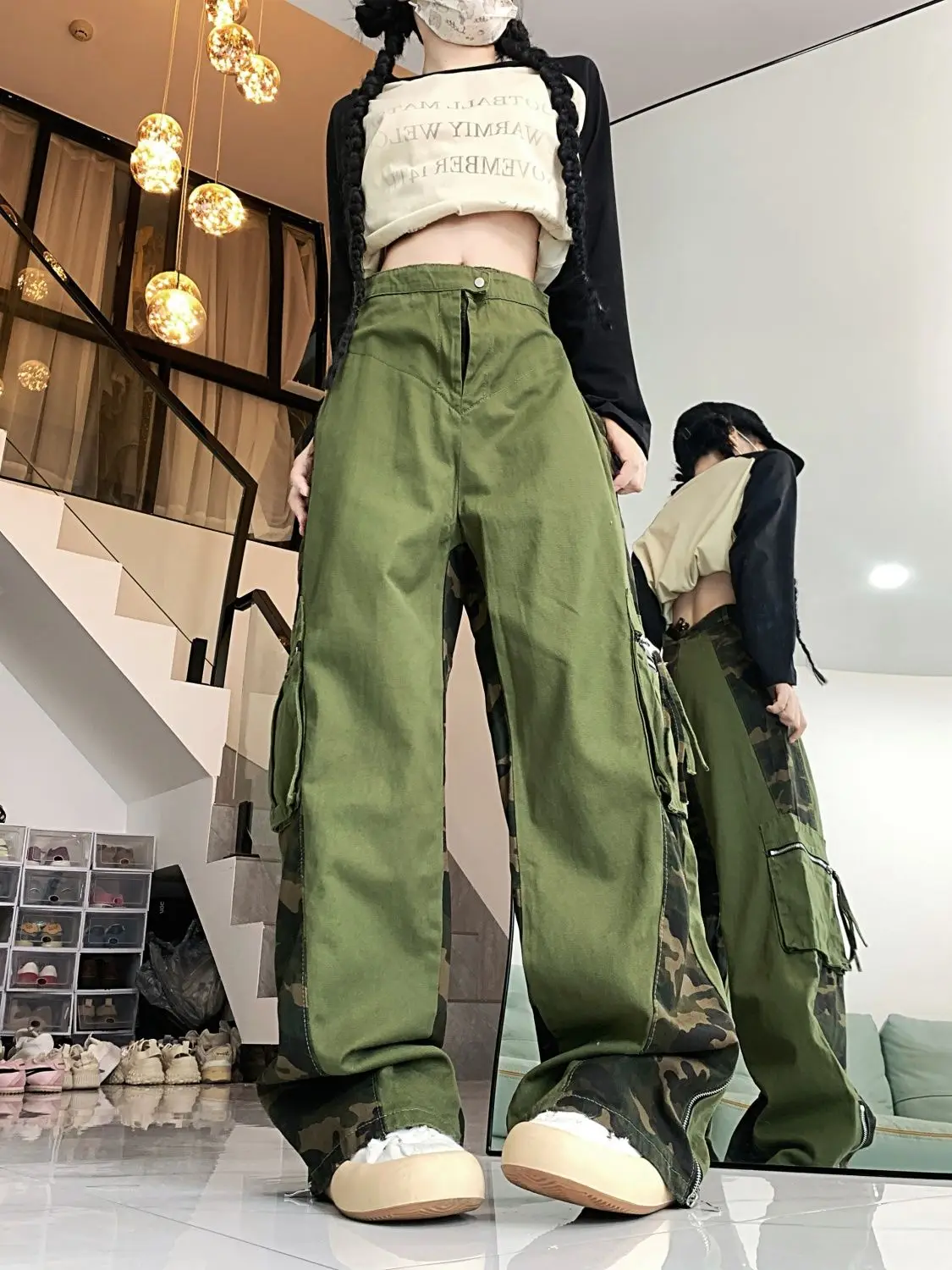 Green Camouflage Fake Two-Piece Spliced Spicy Girl American Retro Work Pants Large Pocket Y2k Street Hip-Hop Straight Leg Pants