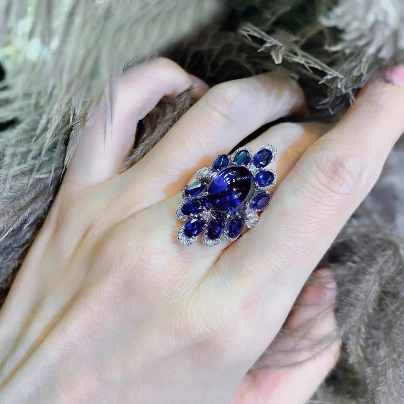 Sterling silver high-end colored gemstone grape blue ring for women, exaggerated fashion flower design, index finger ring, open
