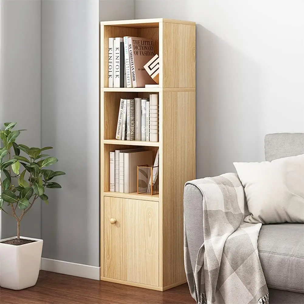 

Small Narrow Corner Bookcase 47 Inches Tall Gap Freestanding Storage Cabinet 4 Lattices Open Shelves Tower Rack with Door Cubes
