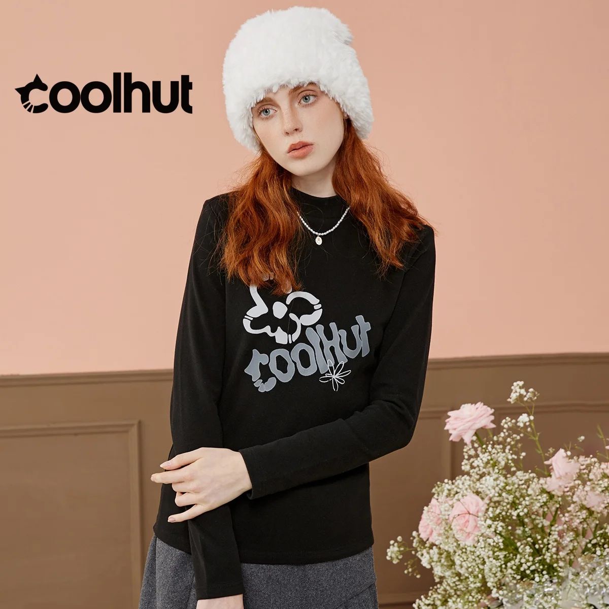 

COOLHUT женская одежда Y2k, женская одежда 2025, базовый слой с воротником-стойкой и длинными рукавами, матовый вязаный топ с принтом, весенняя многослойная футболка