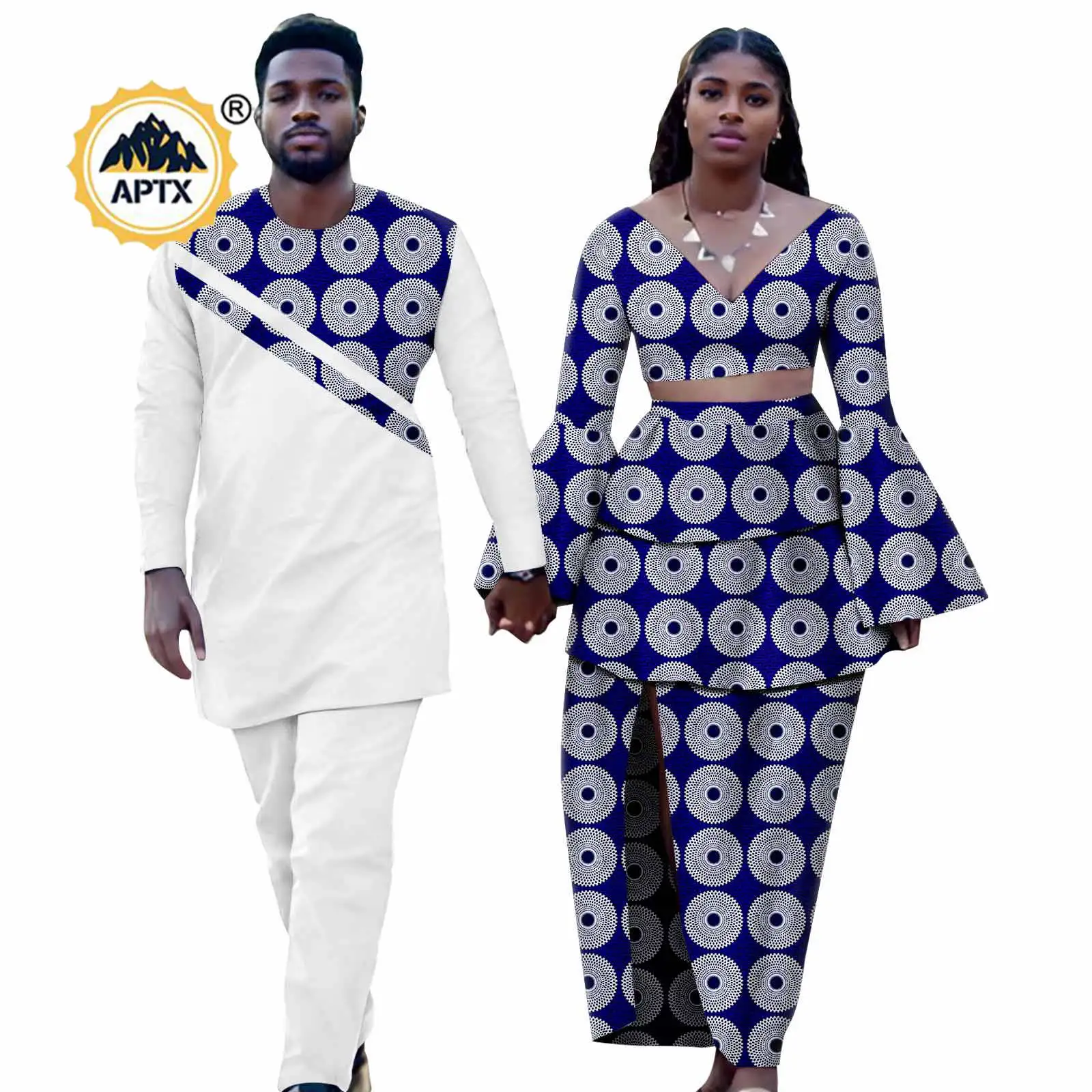 Bazin Riche African Print Crop Top and Tierrer Skirt for Women Matching Couples Outfits Dashiki Men Top and Pant Sets 24C040