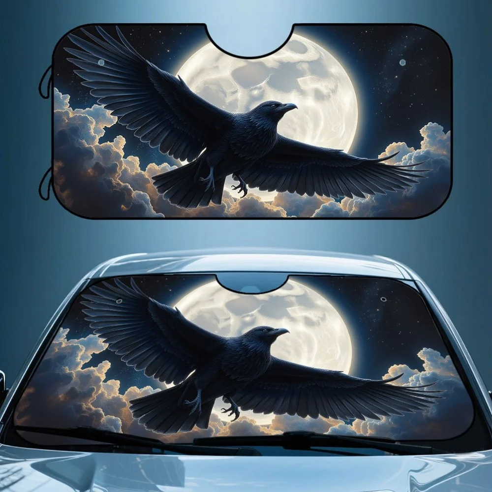 1pc Raven Moon Artwork Windshield Shade - Foldable Car Visor With Full Moon & Birds Design, UV Protection & Heat Reduction, Fit