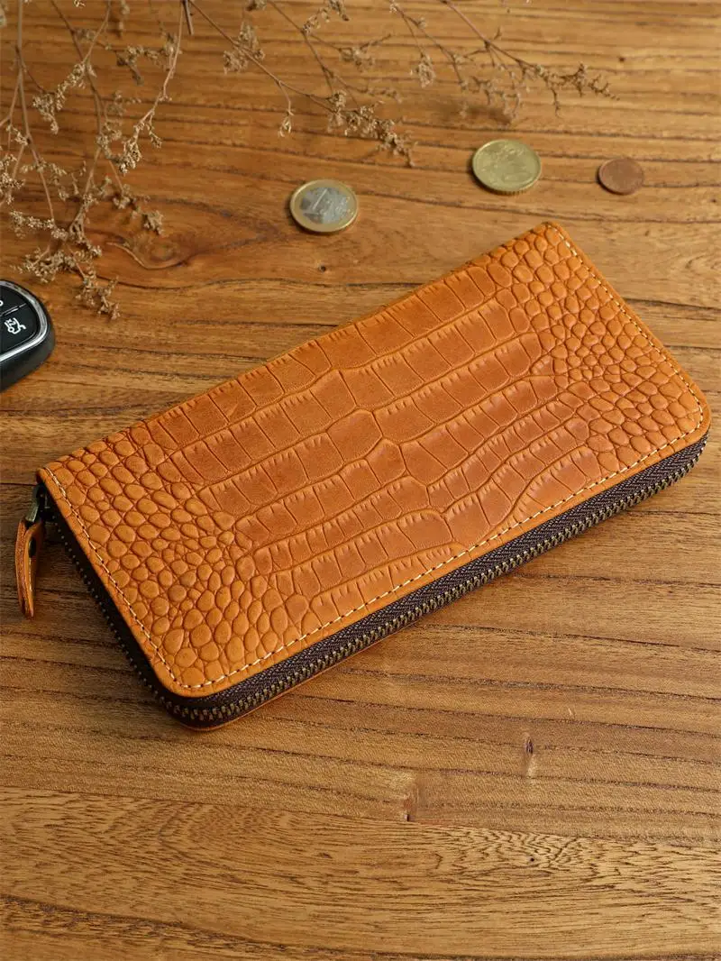 

Retro Crazy Horse Leather Men's First Layer Cowhide Wallet Large Capacity Pattern Clutch Long Leather Zipper Wallet Fashion