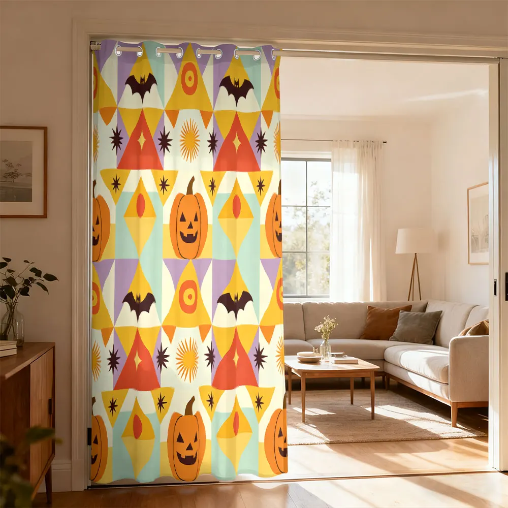 1pc Halloween pumpkin bat geometric print single-piece loop curtain single-piece loop curtain living room home decoration