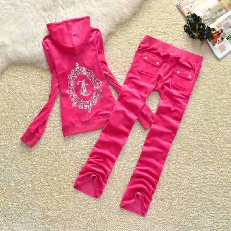 Juicy Brand Casual Sportswear Set Two Piece Set 2024 Spring Autumn Rhinestone Fashion Women Velvet Tracksuit