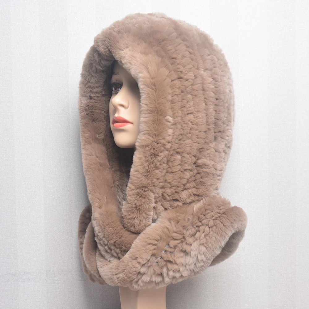 Women Knitted Real Rex Rabbit Fur Hat Hooded Scarf Winter Hats for Woman Fall Cap Warm Natural Fur Hat with Neck Scarves Bonnets