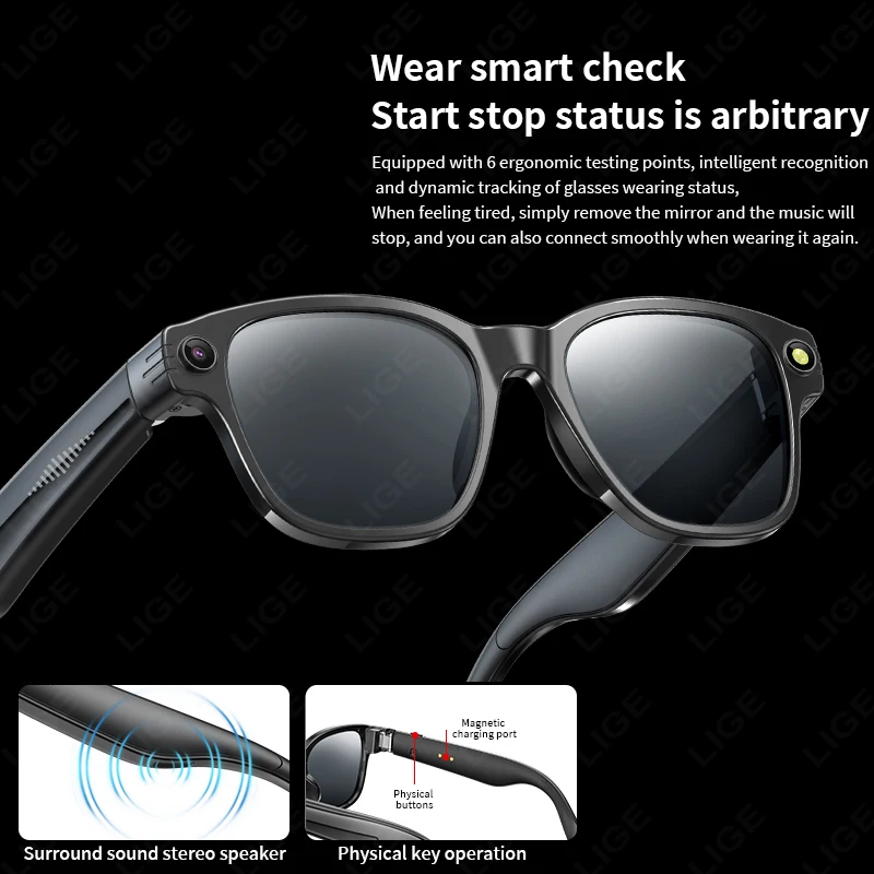 8 MP Smart-Brille, Sonnenbrille, Aufnahme von Videos, KI, Fotoerkennung, Antwort, Übersetzung, 270 mAh, Anti-Blaulicht-Bluetooth-Brille