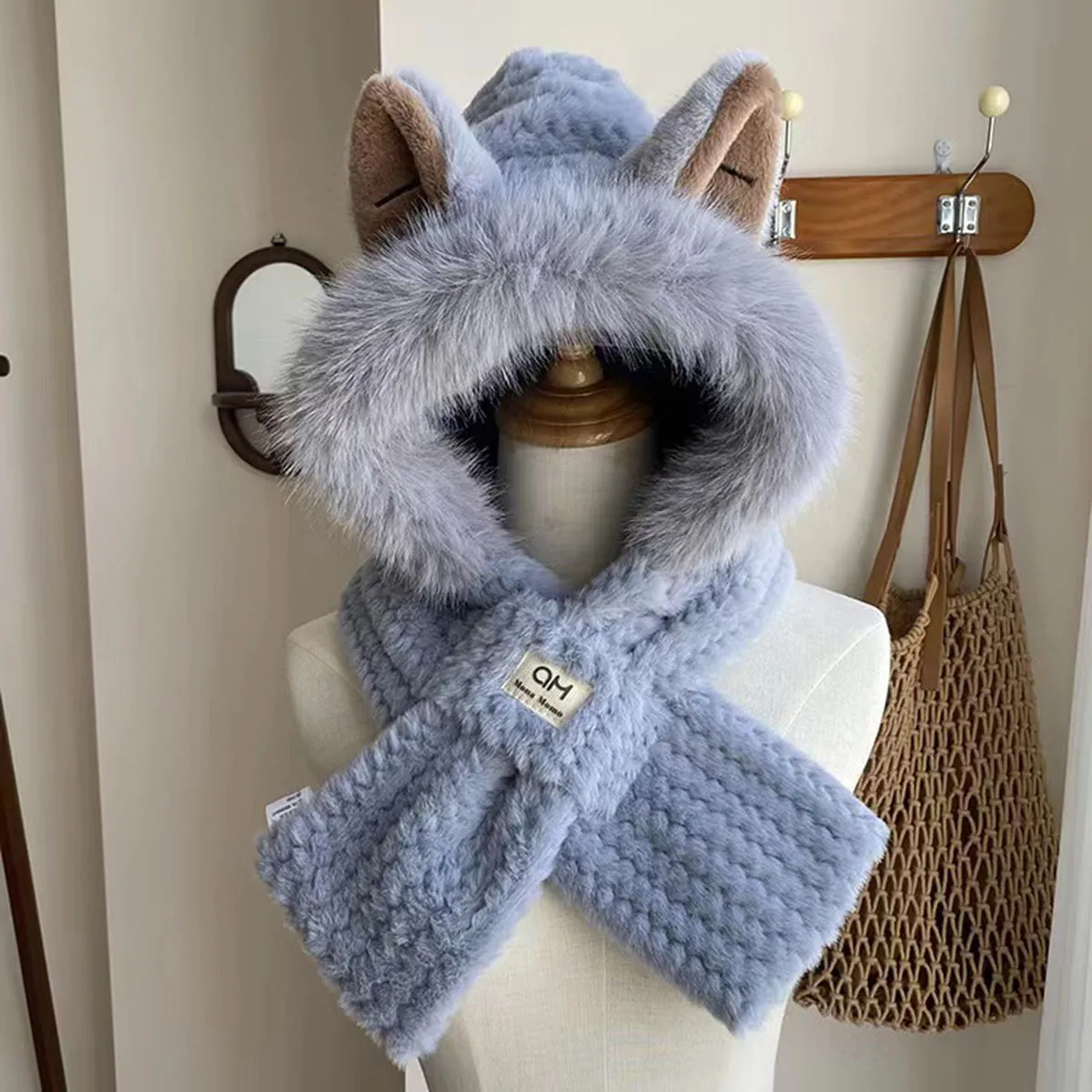 1PCS Women's Cat Ear Hat with Pom-Pom Soft Fleece Lined Winter Beanie for Christmas Gift Cute Animal Themed Festival Cap