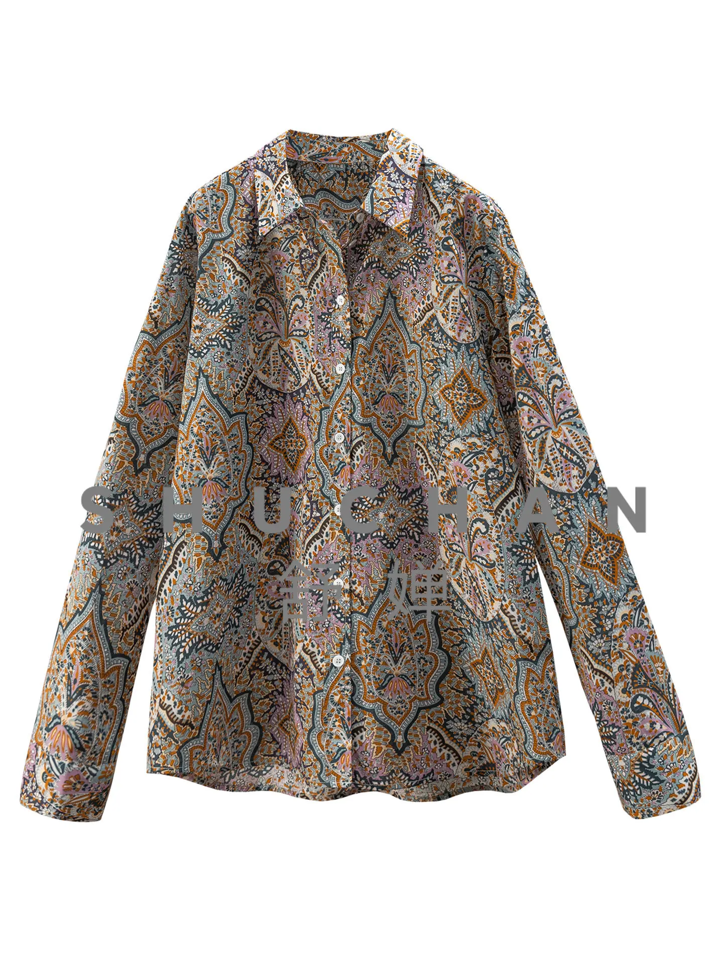 

Retro Penny-level Aesthetics, Cashew Flower Temperament Lapel100 Cotton Shirt Women's 32G3 womens tops